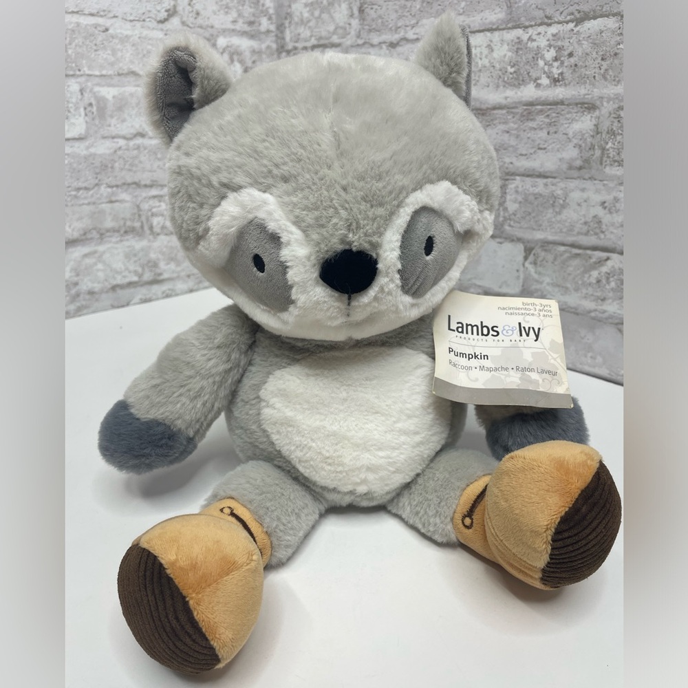 Lambs & Ivy Raccoon Plush Pumpkin Gray Stuffed Animal Toy Little Campers 15”